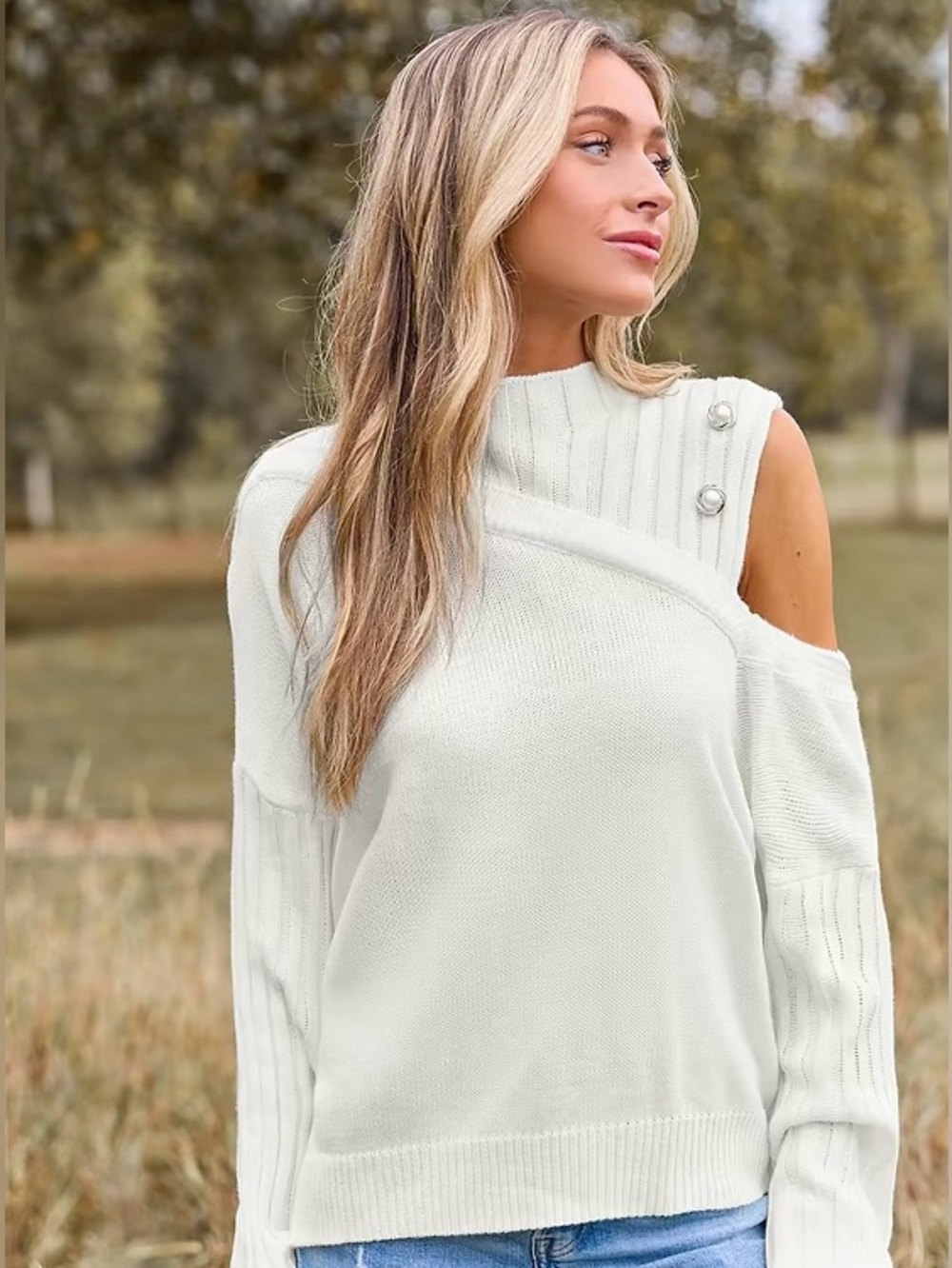 CUPSHE NWOT Off White Pearl Button Mock Neck Cutout Sweater Small Chunky Cozy